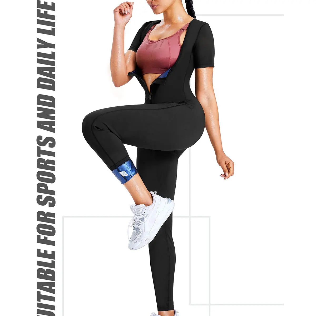 Full-body sauna suit women's short-sleeved jumpsuit waist trainer with zipper abdominal fat exercise suit