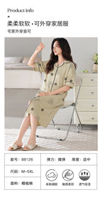 SUKAE Midi Nightdress M-5XL V-neck Bra Padded Botton Sleepshirt Plus Size Cotton Nightgowns Summer Women Short Sleeves Nightgown