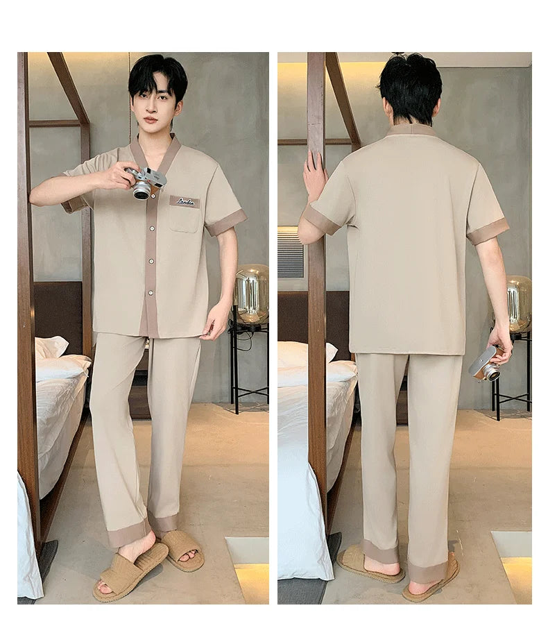 Men's Japanese Kimono Casual Fashion Solid Color Cardigan Loose Summer Short-Sleeved Pajamas with long pants Home Comfort Wear