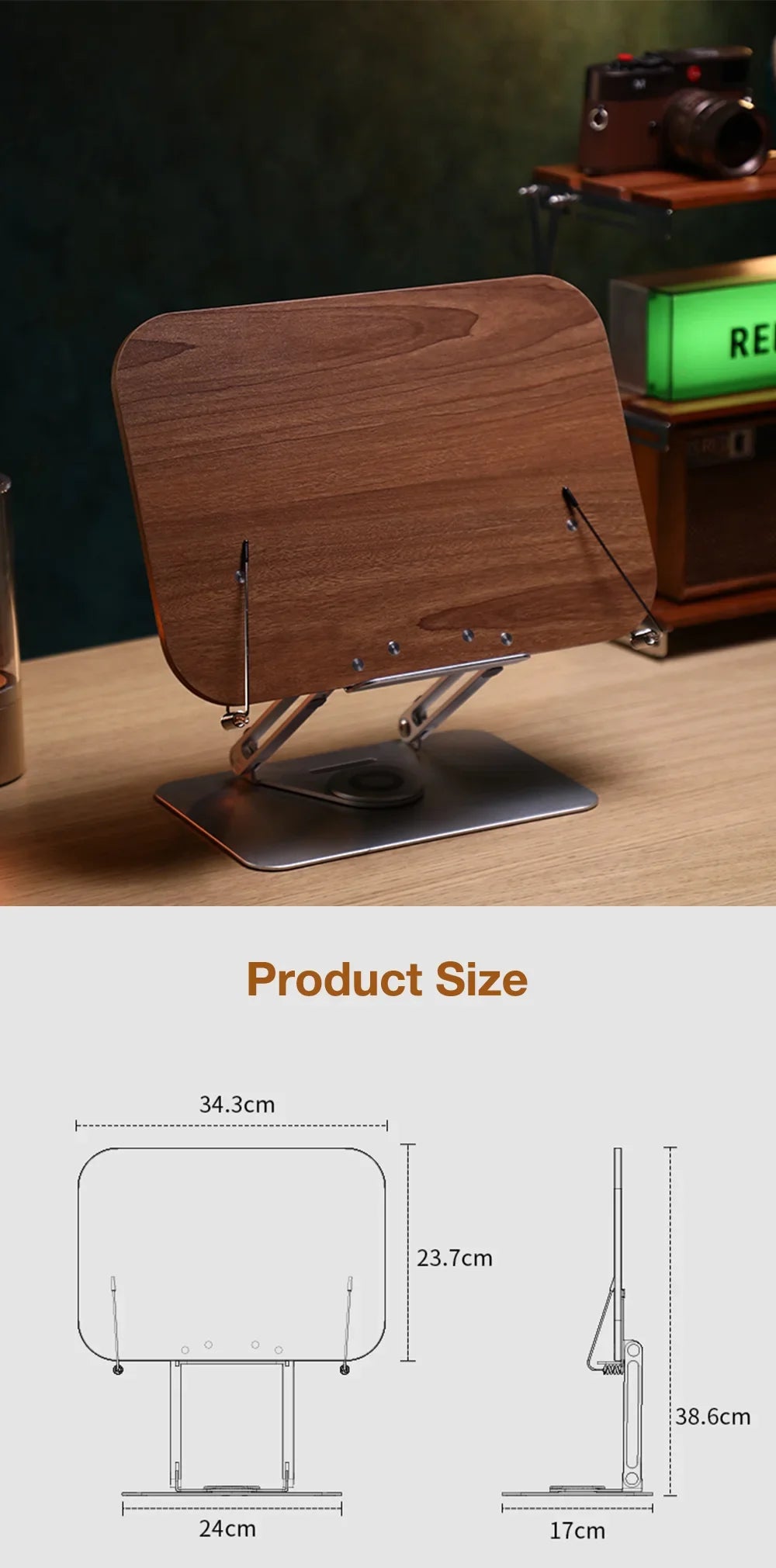FORZOLA 360° Rotating Walnut Wood Reading Stand Student Reading Desktop Foldable Holder Book Ipad Tablet Notebook Laptop Bracket