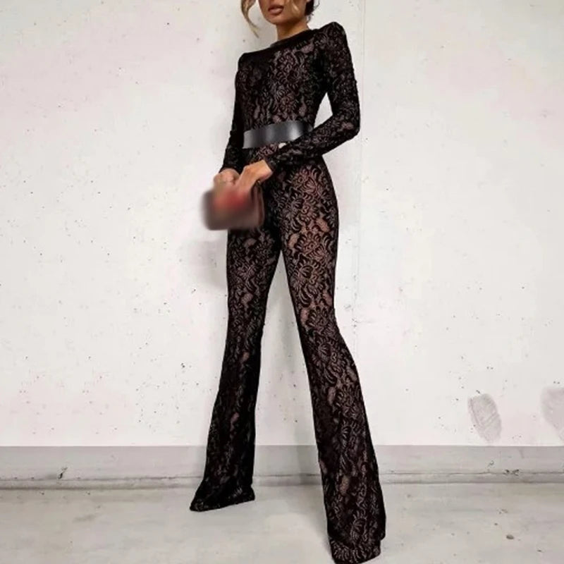 Women's Elegant Office Straight Pants Playsuit Sexy O Neck Lace Slim Club Jumpsuit Autumn Casual Long Sleeved High Waist Romper Main image