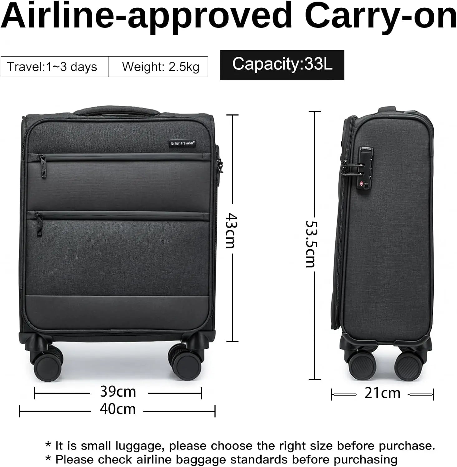 British Traveller Cargo Case 53.5x40x21cm Lightweight hand luggage 4 Rolls TSA Lock Soft Luggage fabric Secondary image