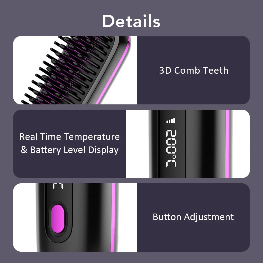 Cordless Hair Straightener Brush 3 Temperature Electric Negative Ions Ceramic Anti-Scald Heated Comb Hair Styling Tools