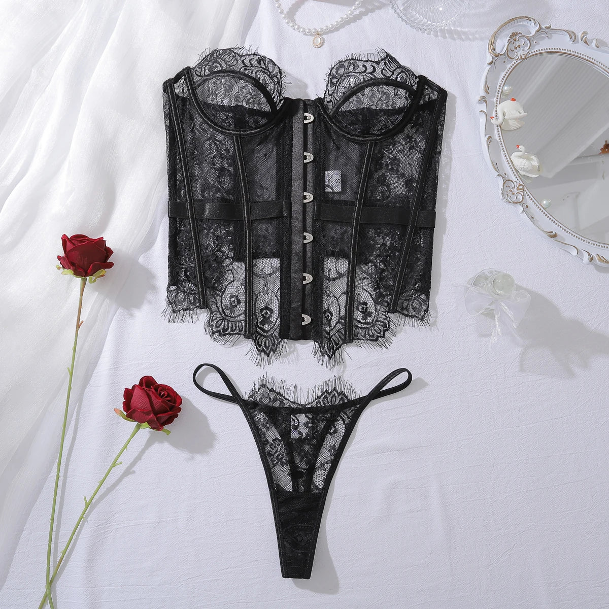 Ellolace Palace Women's Lingerie Sets Willowy Corset Thong 2PC Set Sexy Hot Strapless Lace Fancy Deep V-neck Women Underwear