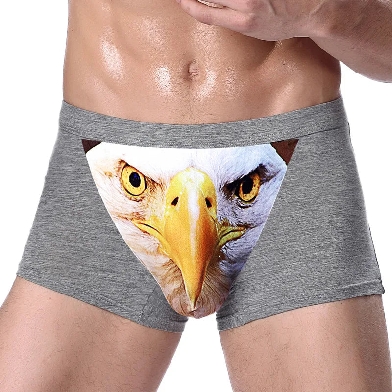 Men's Unique 3D Printed Wolf Eagle Head Flat Angle Pants Mid-waist Boxer Shorts Breathable Knitted Modal Fabric