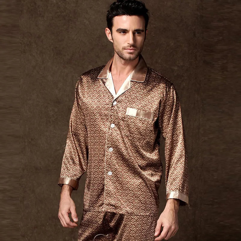 High Quality Pajamas Set Men Spring Autumn Thin Polyester Ice Silk Long-sleeved Sleepwear Plus Size Summer Home Clothes Male