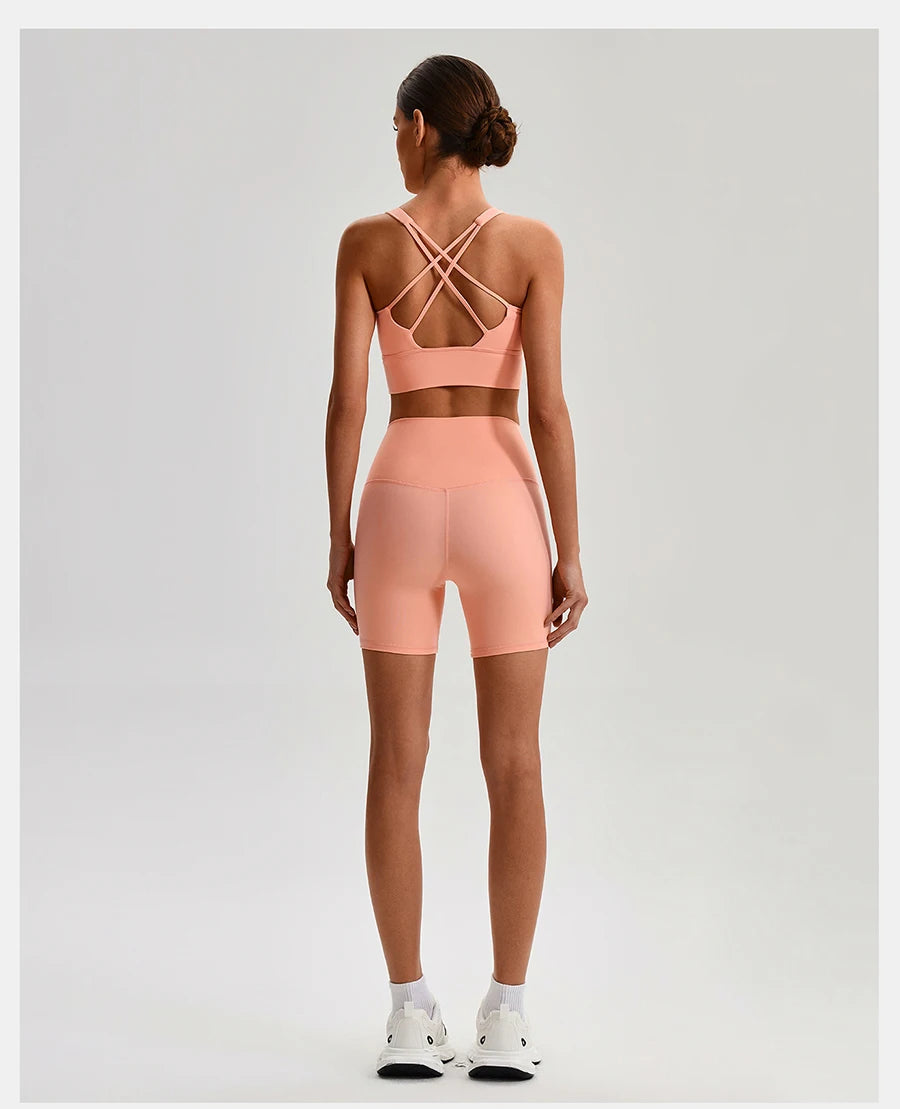 Buttery Soft Nylon Yoga Set Crisscross Back Sports Bra High Waist Biker Shorts 2 Piece Gym Set Workout Outfit Women Activewear