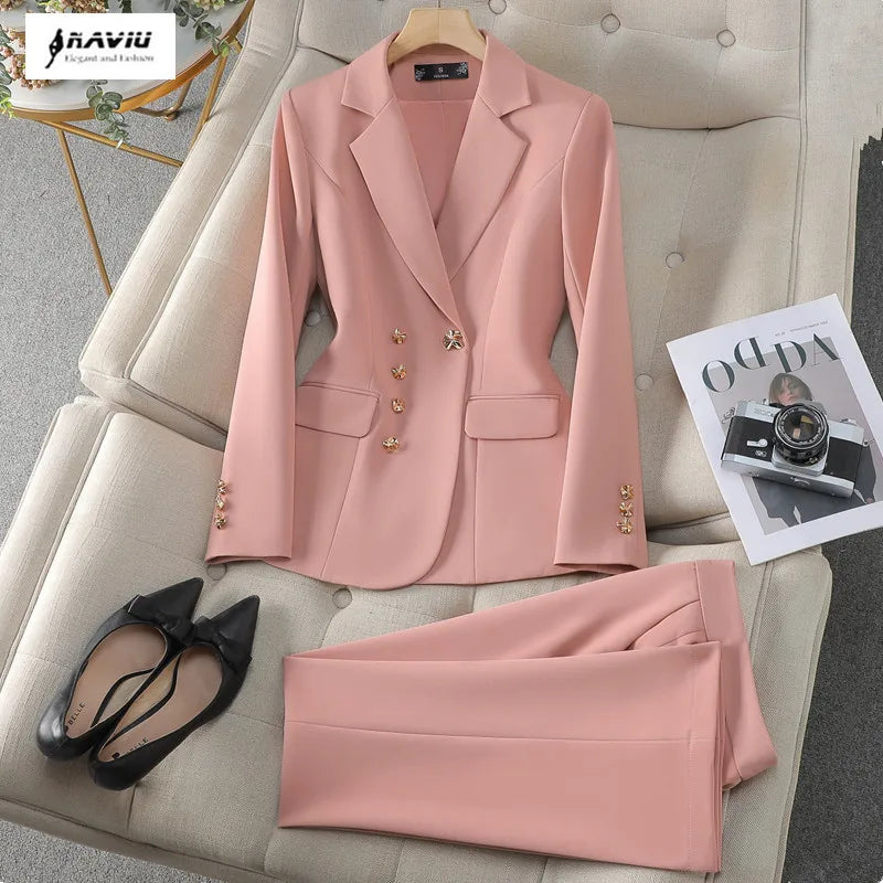 NAVIU New 2024 Women Pant Suits Pink Blazer And Jacket Set Office Ladies Work Business Uniform Female Pantsuit OL Style Beige Main image