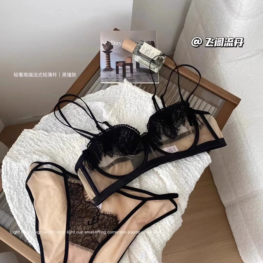 Japanese Light Luxury Backless Lace Bra Set - Ultra-Thin Half Cup Minimizer Sheer Mesh & Lace Lingerie Last 50 Sets  Flash Sale