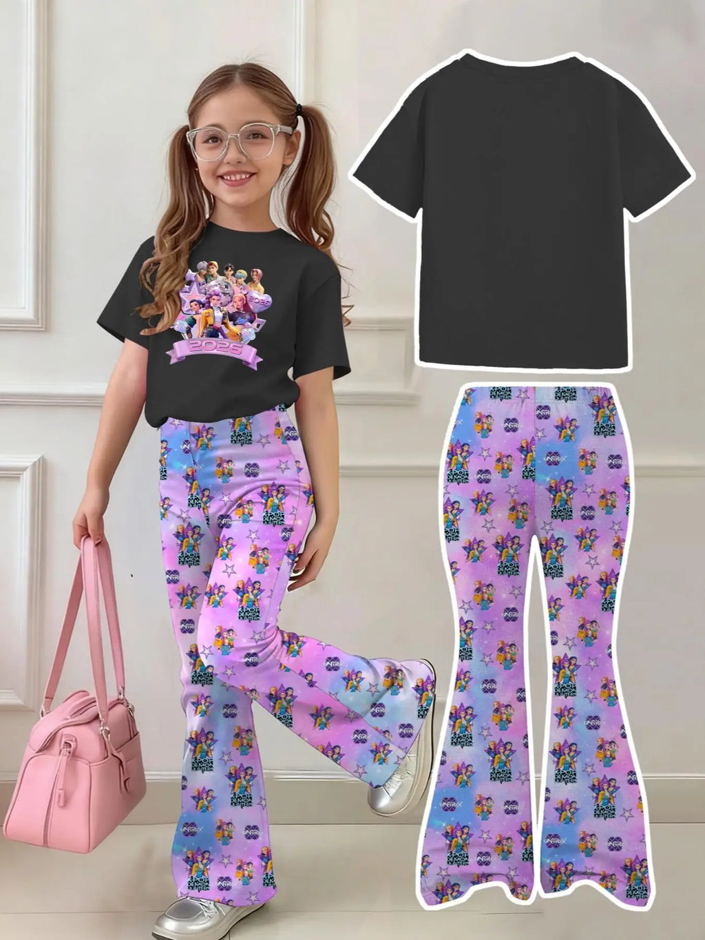 Girls 2-Piece 2026 K-Pop Concert Outfit - Black Graphic T-Shirt & Pastel Character Print Flared Pants Set for Kids
