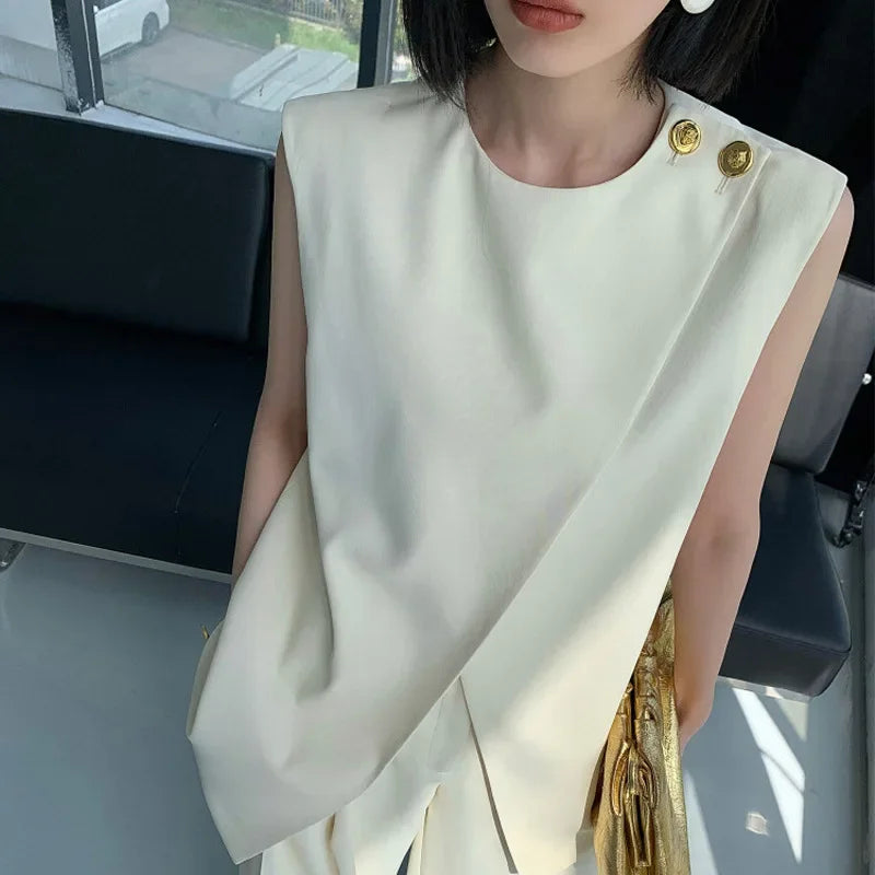 Beige two-piece suit women's summer 2024 new irregular fashion sleeveless vest top high waist wide-leg pants suit Secondary image