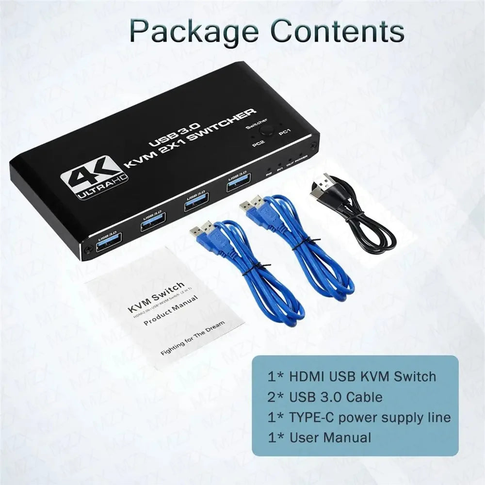 KVM Switch 4K 60Hz Switcher USB 3.0 Hub Docking Station Splitter Dock 2 Computers Share Keyboard Mouse Printer PC Accessories