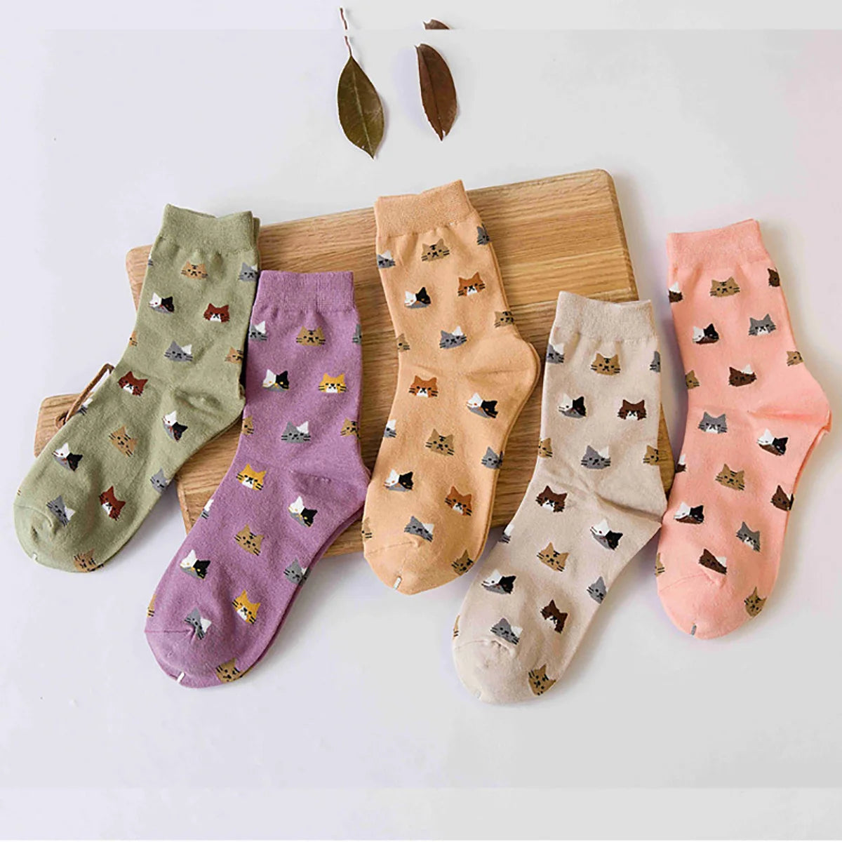5 Pairs Cat Print Socks, Cute & Comfy All-match Mid Tube Socks, Women's Stockings & Hosiery Main image