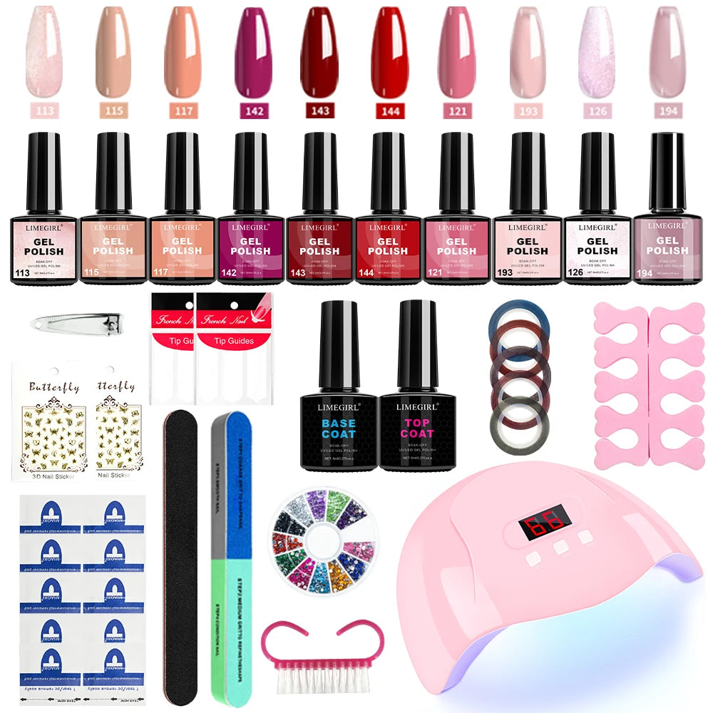 LIMEGIRL Gel Nail Polish Kit UV Soaking Gel Primer Polish Manicure Kit with UV LED Lamp Dryer Semi-Permanent Gel Varnish Kit