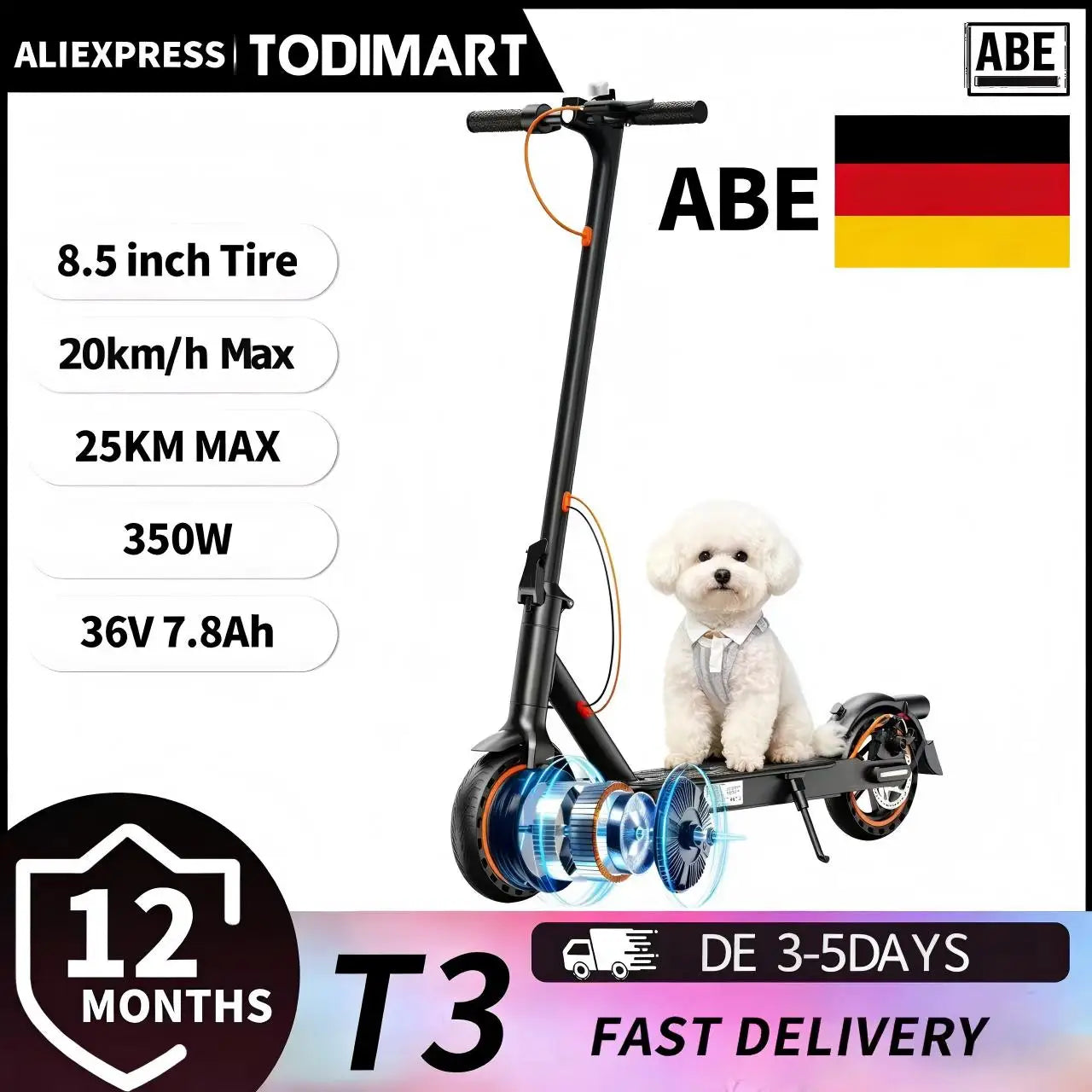 Todimart T3 ABE adult electric scooter, 36V 7.8AH, peak power 500W, 25-35KM, 8.5-inch honeycomb tires, urban electric scooter Main image