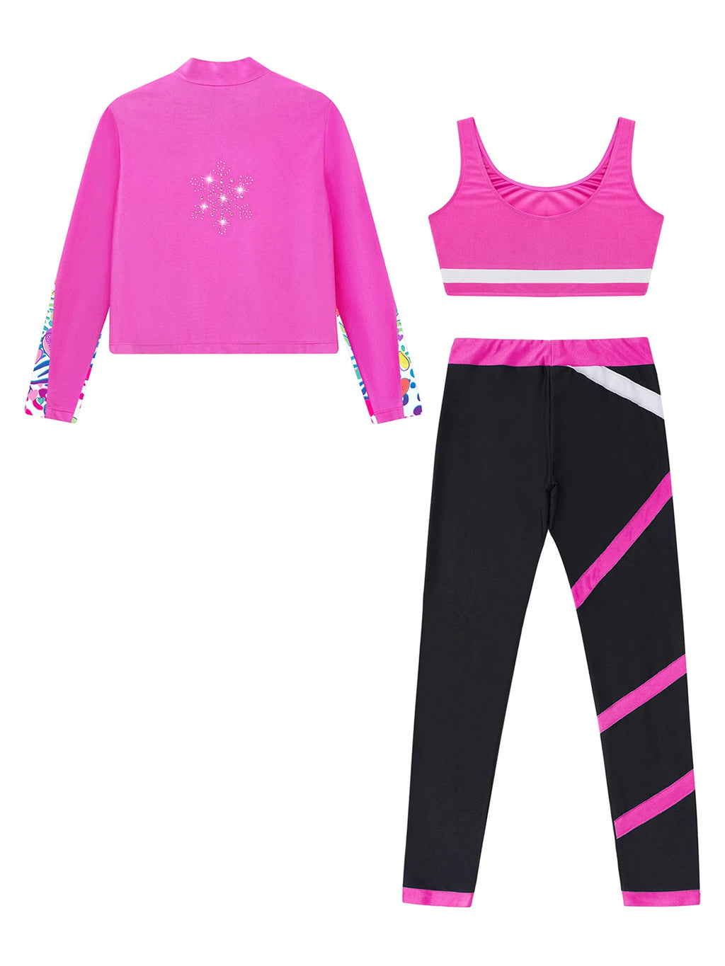 3Pcs Kids Girls Skating Athletic Fitness Workout Tracksuit Sleeveless Vest Top +Pants with Long Sleeve Zipper Sweatshirt Gym Set