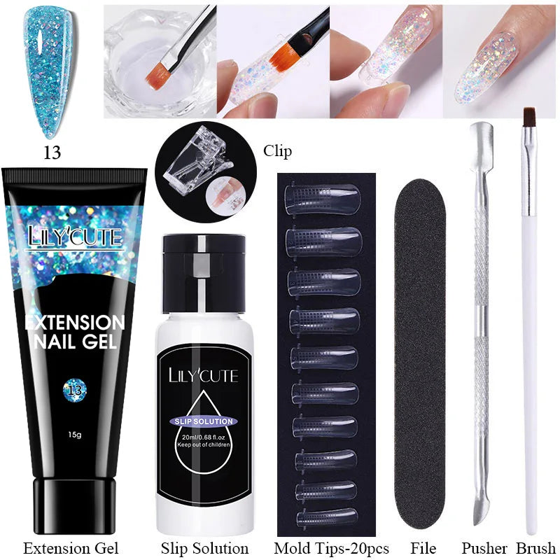LILYCUTE 15ml Extension Gel Nail Polish Set Quick Nail Prolong With Extend Mold Nail Tips Acrylic Solution Manicure Tools Kit
