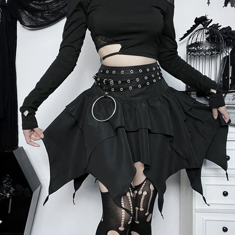 Summer Fashion Short Skirts New Sexy Women Gothic Punk Irregular Skirts Solid Color Drawstring Tie-Up Ruched Ruffles Mini Skirt Secondary image