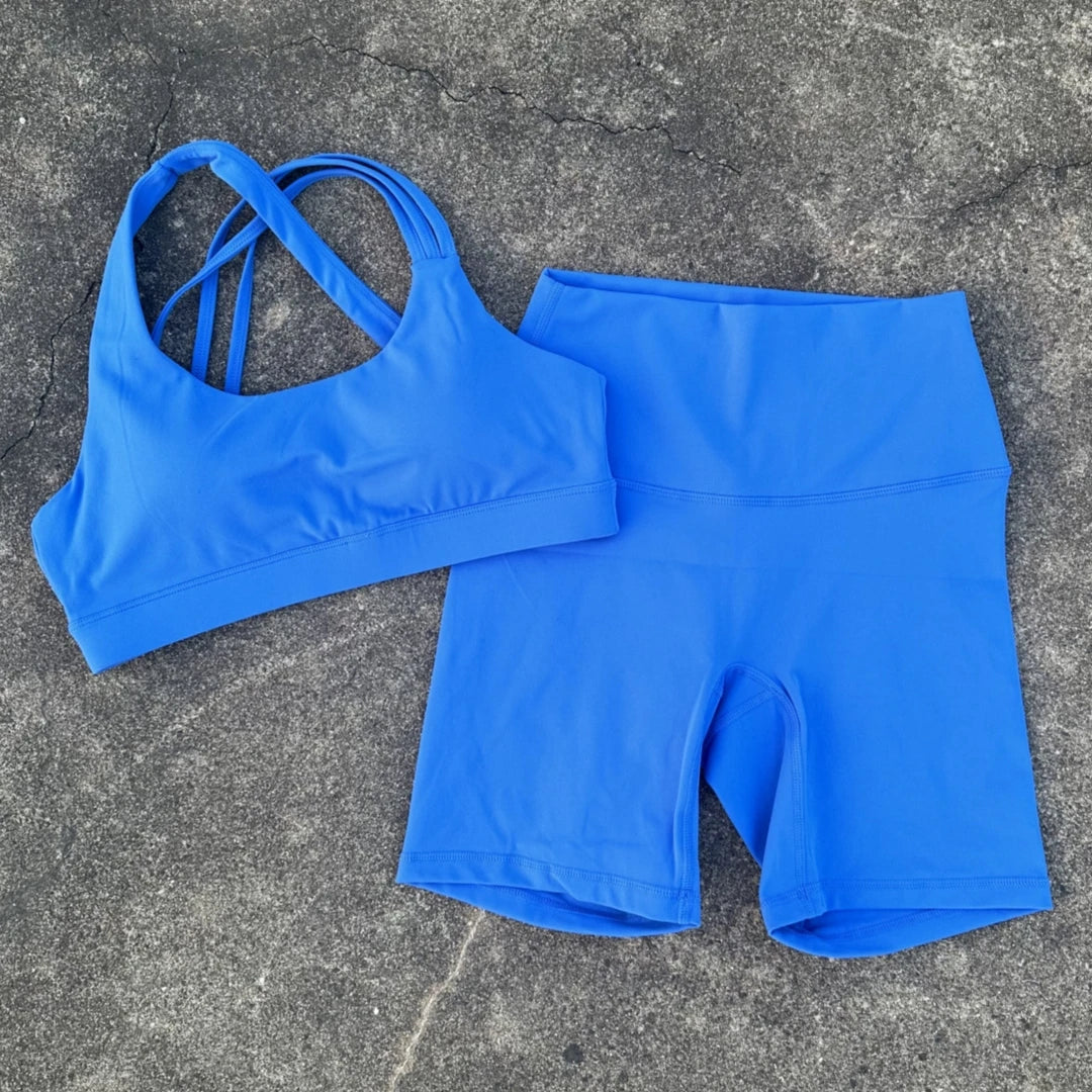 Solid Color High Waist Gym Yoga Short Legging Set Tight Women Cross Back High Impact Shoulder Strap Fitness Bra Top Sportwear