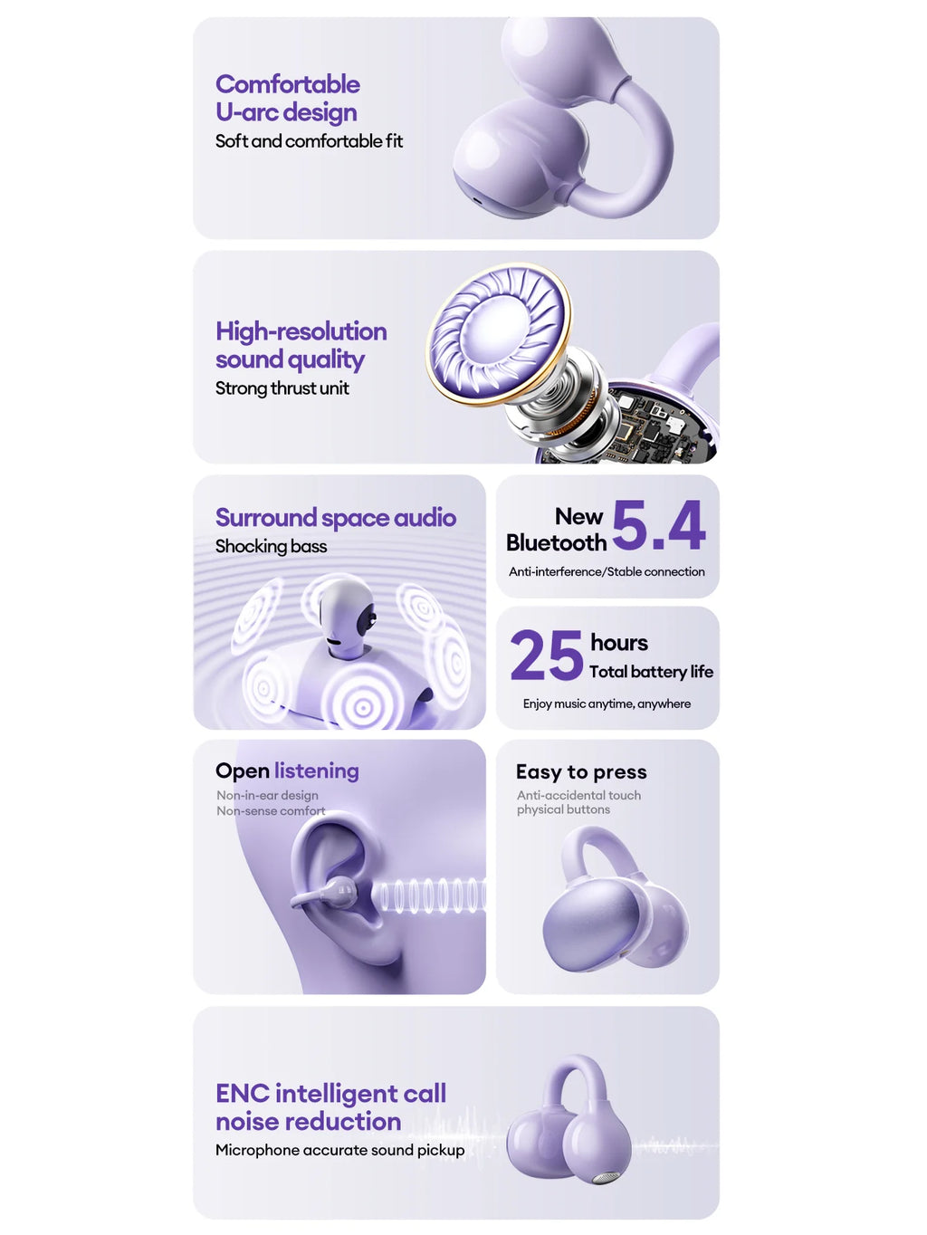 Lenovo LK6 Over Ear Wireless Bluetooth 5.4 Headphones Sound Quality Noise Reduction Ear Clip Earphones Long Endurance Earsets