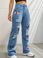Butterfly Printing Denim Trousers Women Holes Jeans Straight Pants High Waist Loose Fit Vintage 2026 Casual Distressed Denims