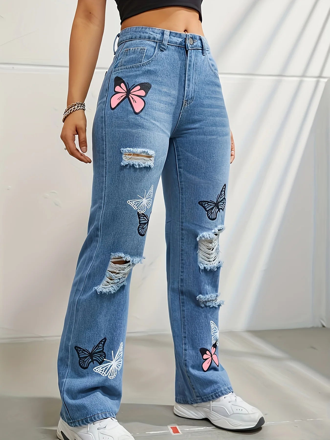 Butterfly Printing Denim Trousers Women Holes Jeans Straight Pants High Waist Loose Fit Vintage 2026 Casual Distressed Denims