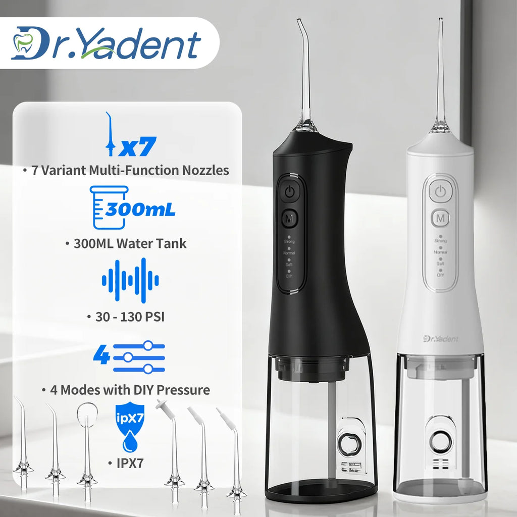 Dr.Yadent YD06 Cordless Oral Irrigator WaterFlosser 300ML Portable Water Jet USB-C Fast Charge 7 Nozzles 4 Modes IPX7 Waterproof