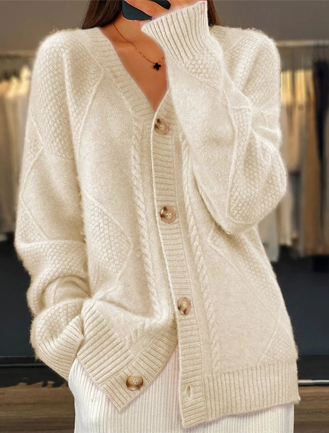 autumn and winter new solid color long sleeved V-neck knitted cardigan with breasted jacquard women's sweater