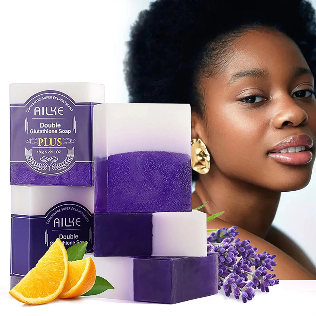 AILKE Double Glutathione PLUS Whitening Soap Bar, Reduce Dark Spots, Deep Clean Skin, Natural Lavender Scented for Face & Body