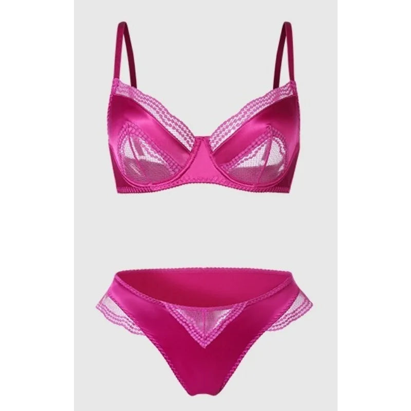 Sexy French Satin Lace Lingerie Set for Large Bust Ladies, Sheer Slim Chest, Summer Ultra-thin Small-cup Support Bra Set, S-XL