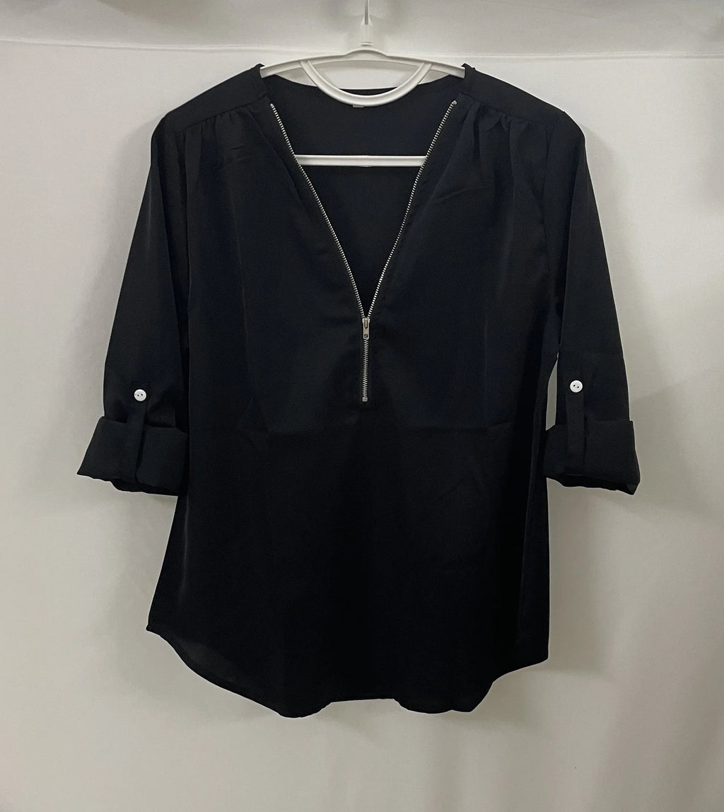 2024 Quality HotSale Plus Size Deep V Neck Women Blouse Chiffon Cool Loose Shirt Fashion Casual Ladies Tops Sexy Zipper Pullover