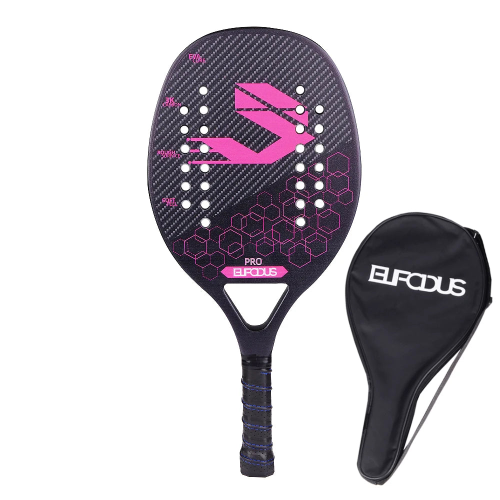 Full Carbon 3K Fiber Beach Tennis Racket Rough Surface Professional Racquet for Men and Women with Protective Bag Cover