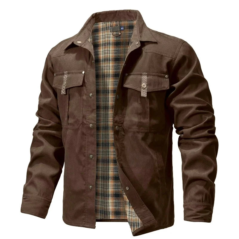 Men's Jackets Spring Flannel Lined Shirt Coat Shacket Casual Snap Button Overshirt Western Cowboy Style High Quality Top US Size