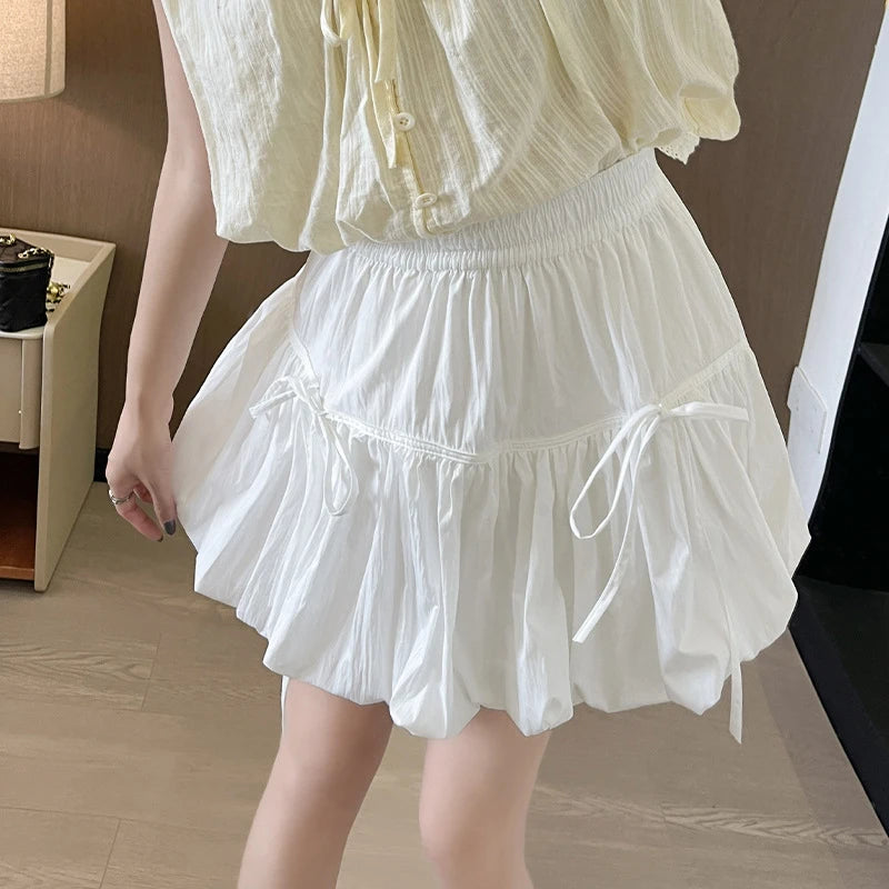 Sweet Bow Pleated Fluffy Skirts for Women Summer Korean Style Elastic Waist Lantern Skirt Woman Loose White A-Line Short Skirts