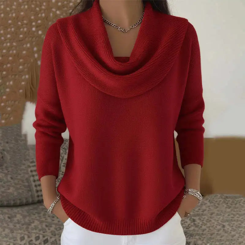 Women's New Draped Neck Pullover Sweater, Simple & Elegant Round Neck Knit Top, Suitable for Spring, Autumn and Winter