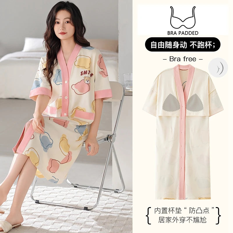 SUKAE Midi Nightdress M-5XL V-neck Bra Padded Botton Sleepshirt Plus Size Cotton Nightgowns Summer Women Short Sleeves Nightgown