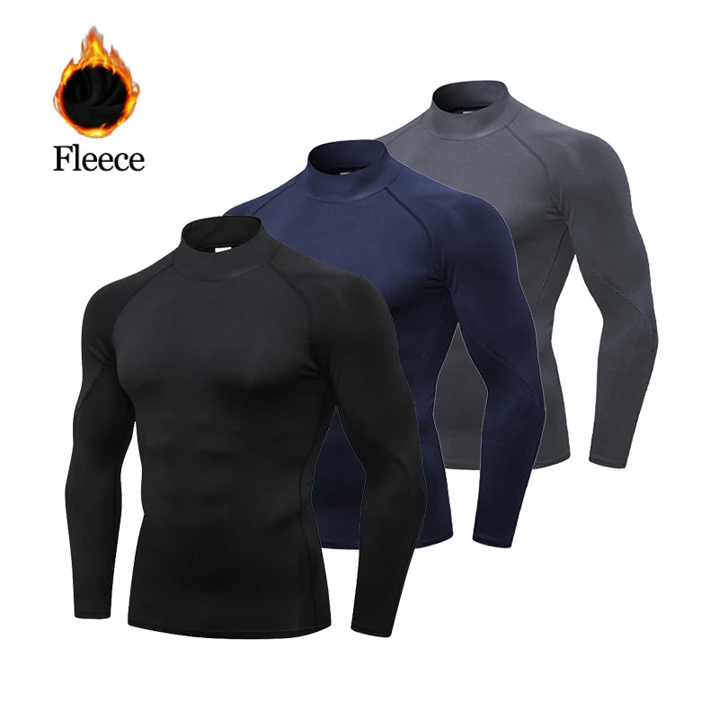 Winter Fleece Sports Shirt Men High Neck Compression Shirt Long Sleeved Training Top High Stretch Undershirt Main image
