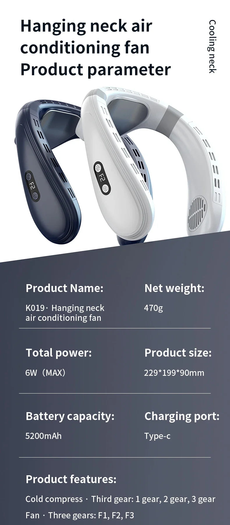 New Portable Neck Fan 5200mAh Neck Air Conditioner Rechargeable Semiconductor Cooling  Fan Outdoor Personal Fan Wearable Cooler