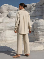 Plus Size Casual Loose Two-Piece Set Wide Leg Pants Long Sleeve Shirt Light Beige Street Style Elegant Quality Polyester Summ...