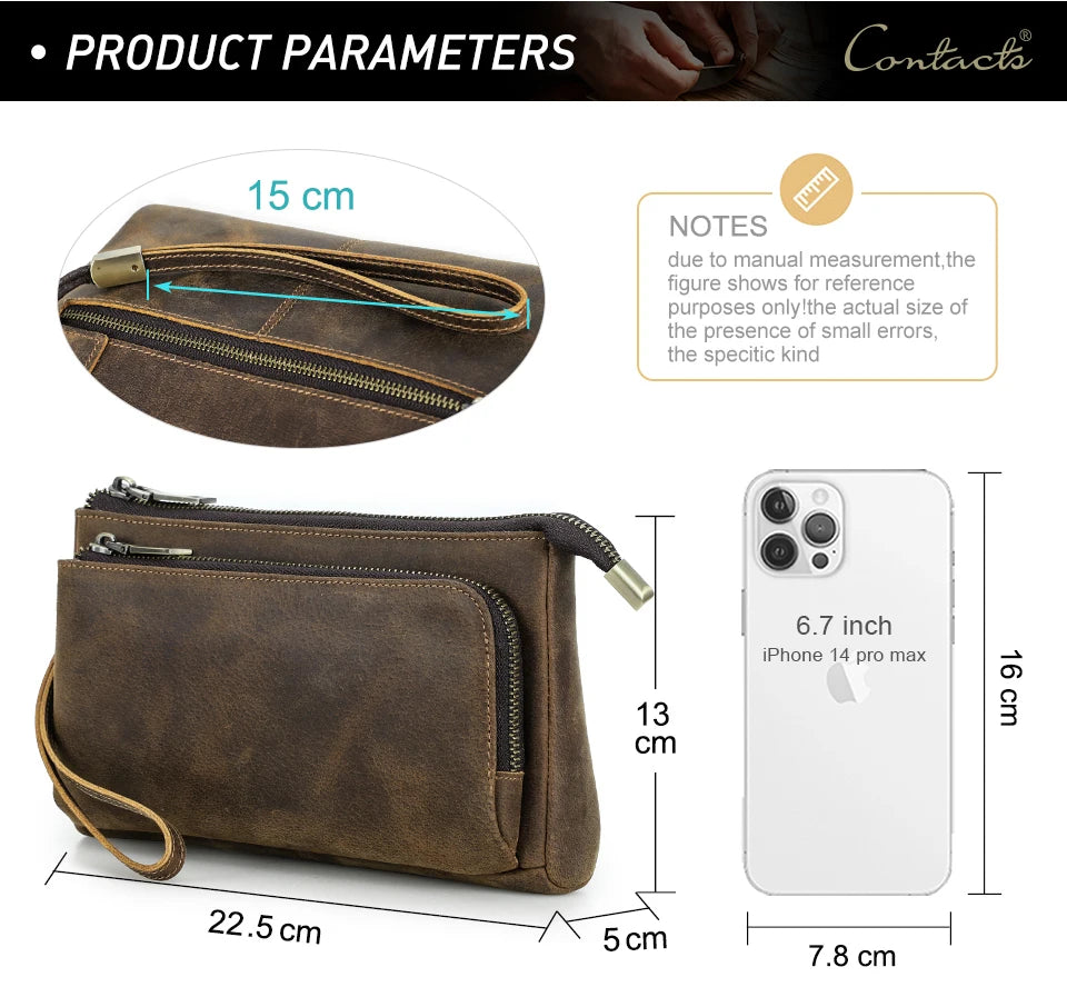 CONTACT'S Genuine Leather Men Clutch Bag Design Handbag Long Wallet Male Purse Travel Charge Storage Bag Cable Organizer