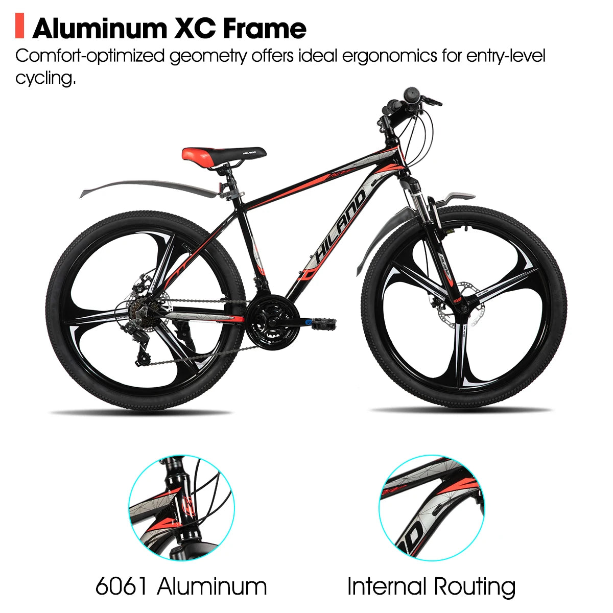 HILAND Mountain Bike, 3 Spokes, 18 Speeds Drivetrain, Aluminum Frame 26 Inch Wheels, Disc-Brake Bike for Men Women Men's MTB