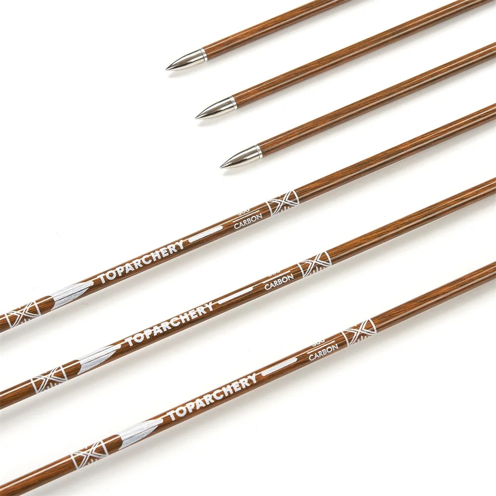 6/12/24pcs 32Inch Archery 100%Pure Carbon Arrows ID 6.2mm Wooden Shaft with 5'' Natural Feathers for Hunting Shooting