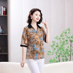Summer half sleeve Shirt Fashion Commute All-match Ice Silk Printed Button Loose Women's Blouses Top