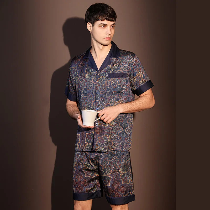 High Quality Pajamas Suit Men Summer Short Sleeve Shorts Ice Silk Sleepwear Male Summer Large Size Simple Casual Loungewear Set