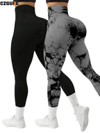 CZGUKE 2-piece women's tie dye pants sports leggings seamless high waisted push ups women's fitness and exercise clothes
