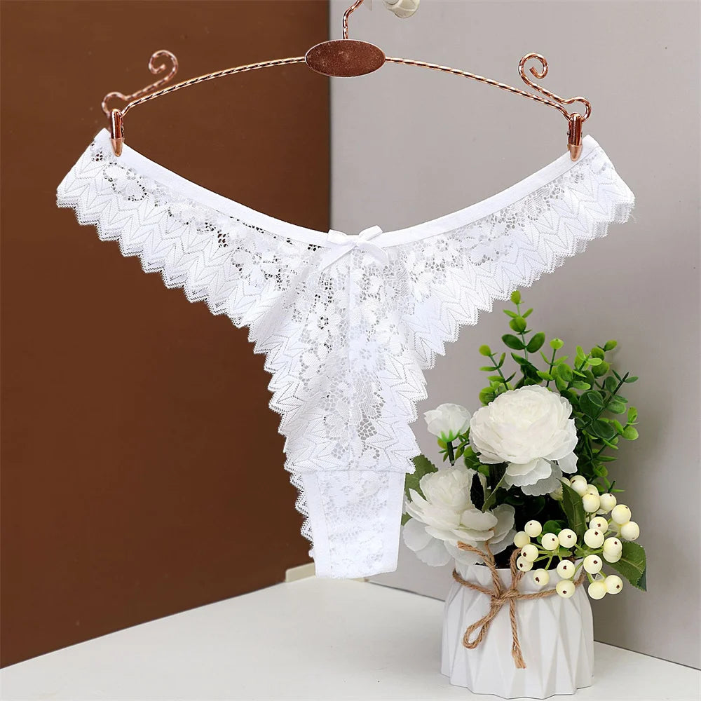 Mid Waist Sexy Transparent Lace Thong Women's Plus Size Underwear Hollow Out G-string Plus Size S/M/L