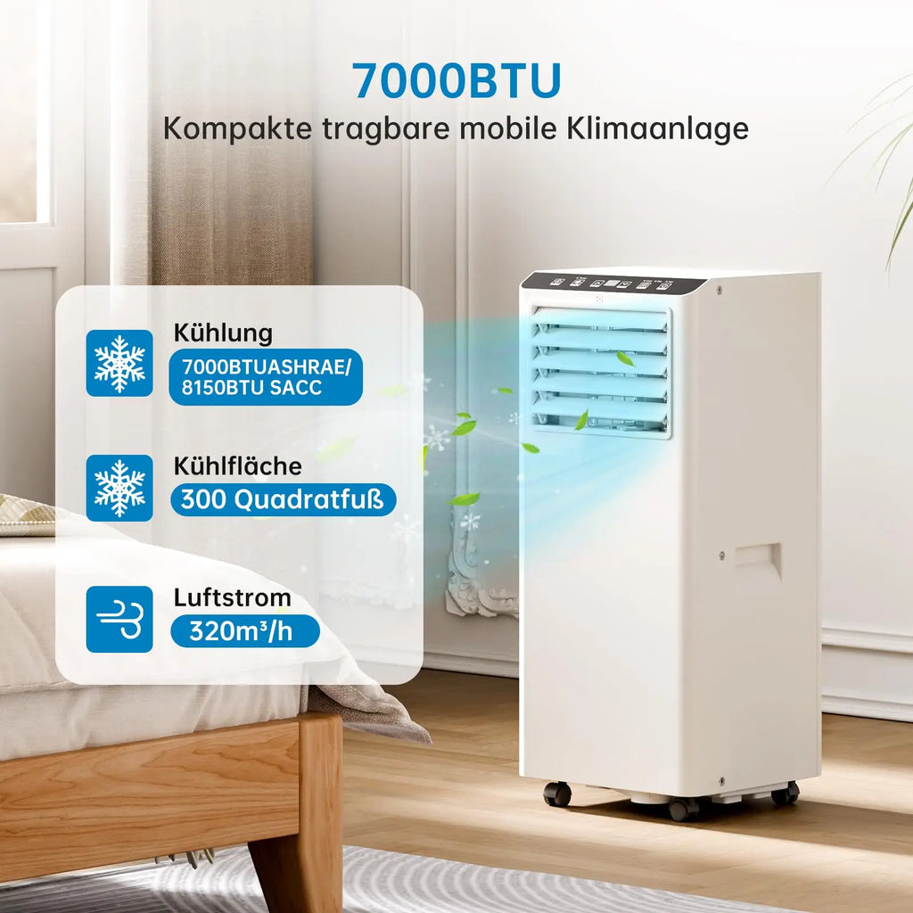 7000 BTU Portable Air Conditioner, 3-in-1 Cooling Dehumidifier & Fan, 2 Speeds, No External Unit, Quiet For Rooms Up To 30 m²