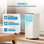 7000 BTU Portable Air Conditioner, 3-in-1 Cooling Dehumidifier & Fan, 2 Speeds, No External Unit, Quiet For Rooms Up To 30 m²
