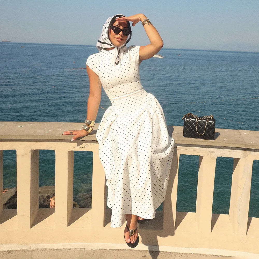 Talenza White Polka Dot Long Dress Summer Sexy High-Waisted Vintage Print Sleeveless Dress Casual Party Vacation New Women Dress