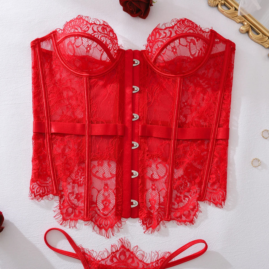 Ellolace Palace Women's Lingerie Sets Willowy Corset Thong 2PC Set Sexy Hot Strapless Lace Fancy Deep V-neck Women Underwear
